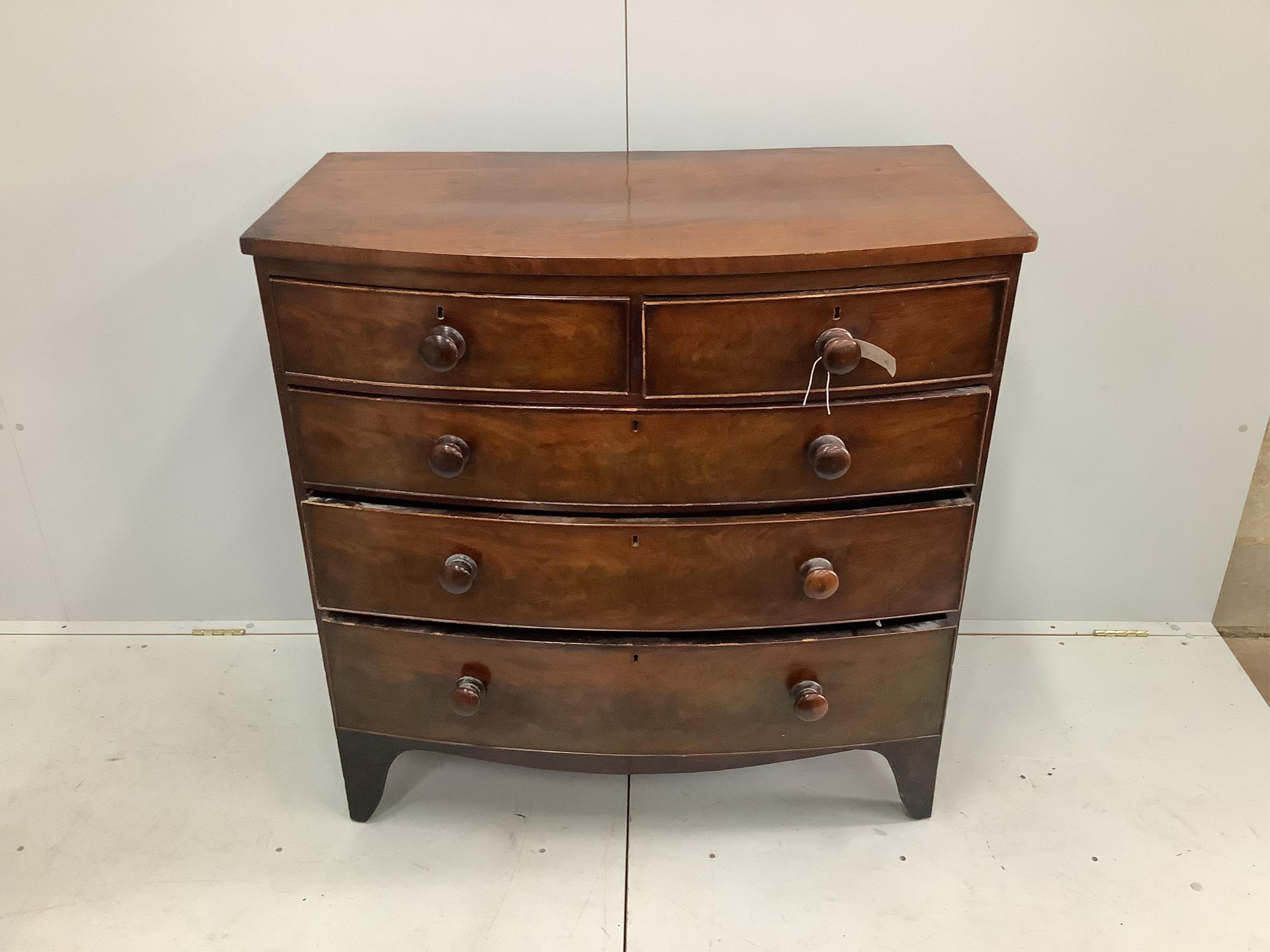 A Victorian mahogany bow front chest, width 100cm, depth 50cm, height 102cm. Condition - poor